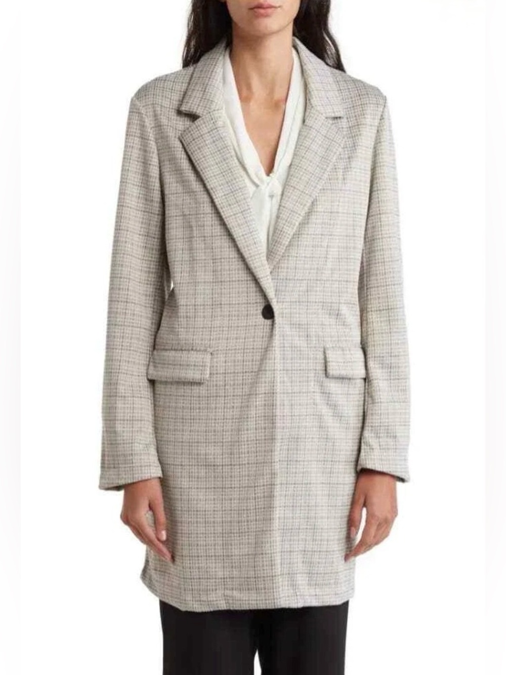 Sanctuary Plaid Blazer Longline Single Button Jacket Women’s L Gray Check